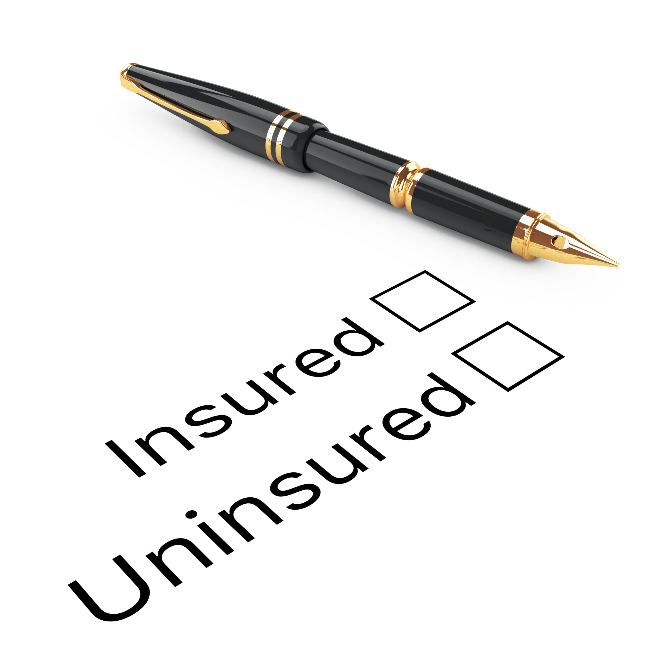 Survey Concept. Insured or Uninsured Checklist with Golden Fountain Writing Pen on a white background. 3d Rendering